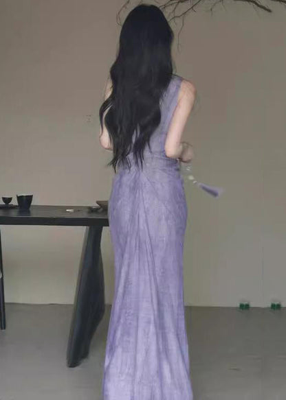 Chinese Style Purple V Neck Wrinkled Linen Long Dress Sleeveless