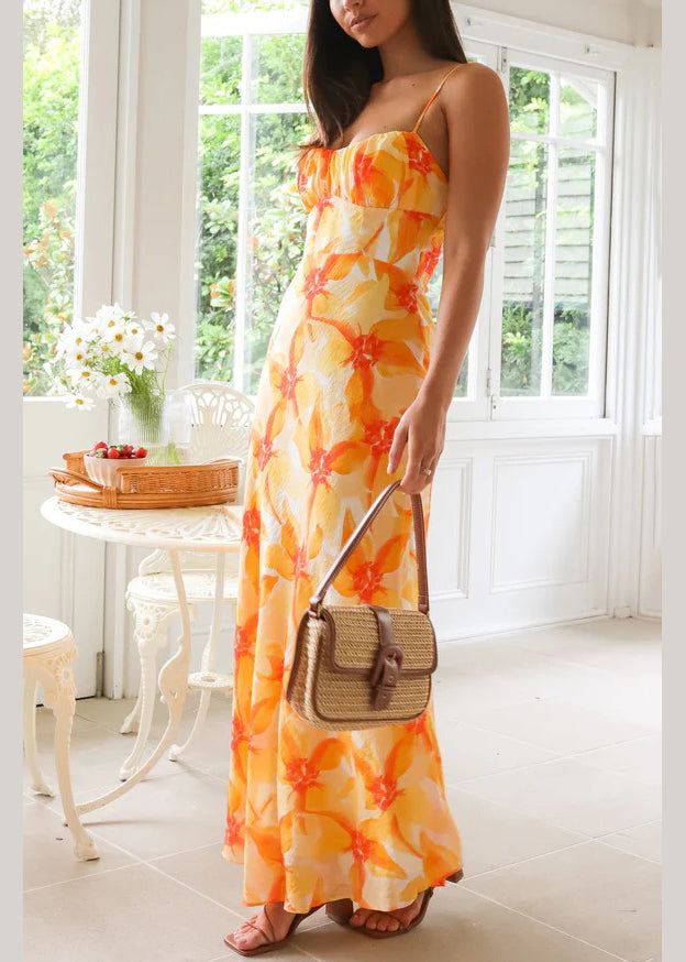 New Yellow Print Slim Fit Cotton Spaghetti Strap Dress Summer