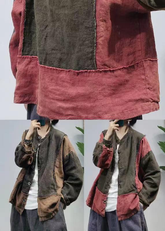 Reddish Black Retro Cotton Shirt Tops Stand Collar Long Sleeve