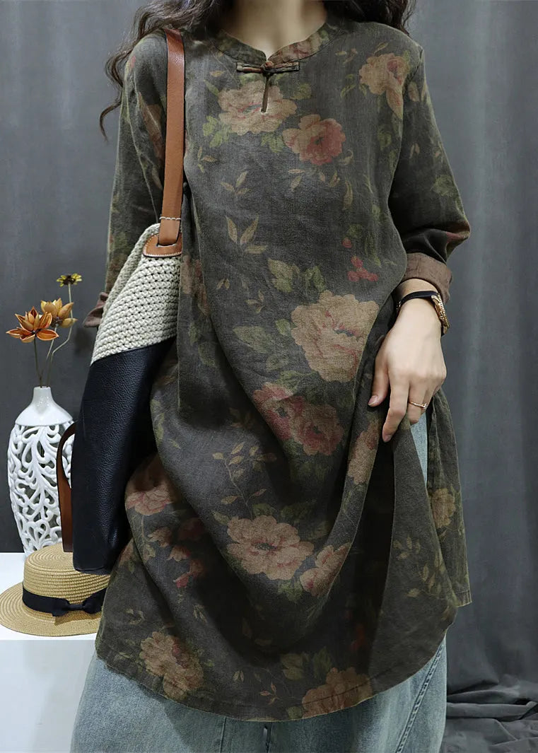 Black Print Button Linen Shirts Dress Bracelet Sleeve
