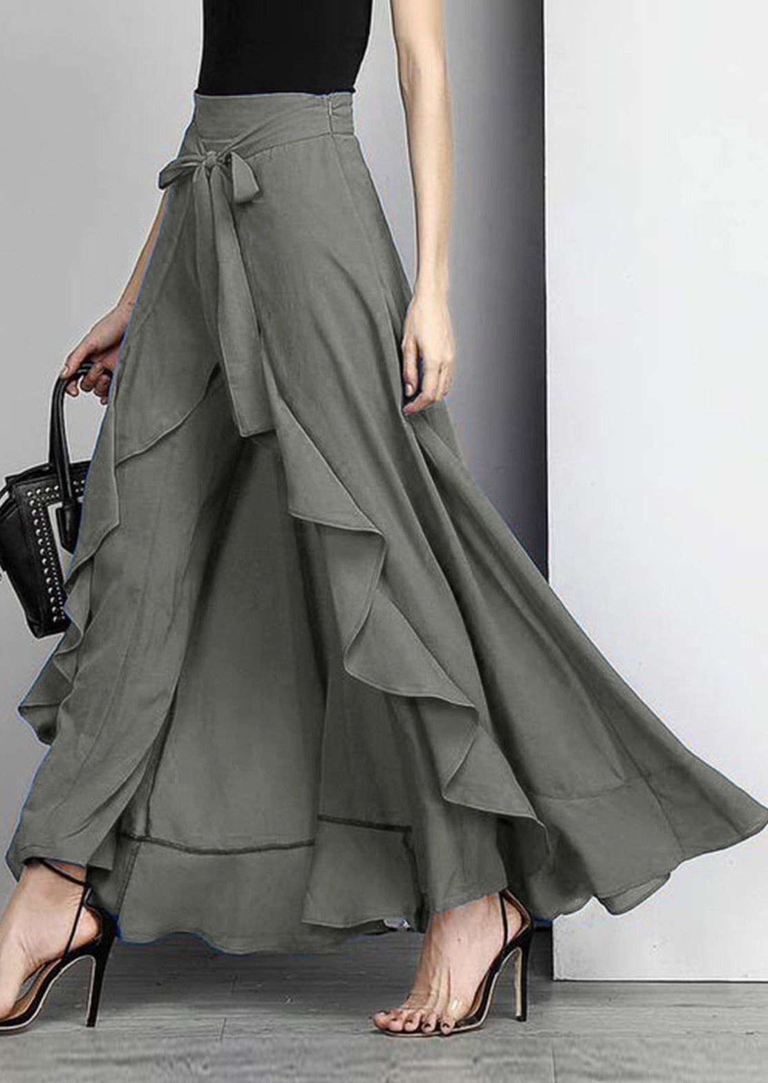 Grey Waist Spliced Ruffle Hem Straight Leg Skirt