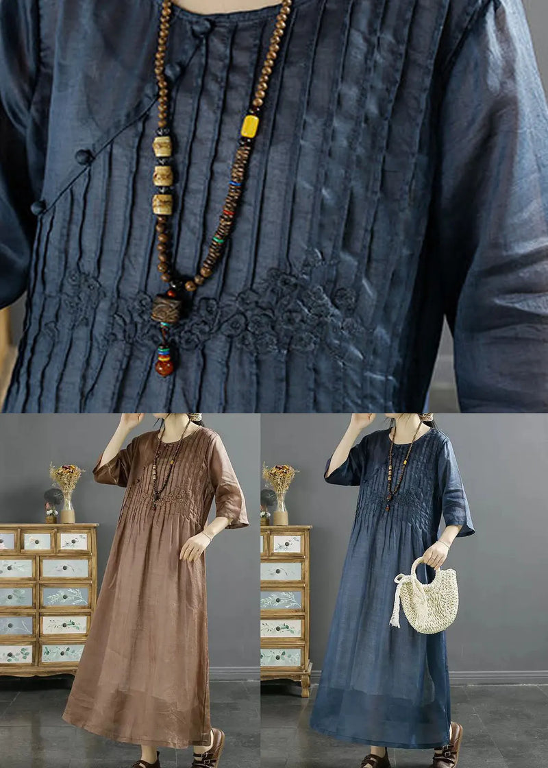 Coffee Patchwork Linen Dress O Neck Wrinkled Embroidered Summer