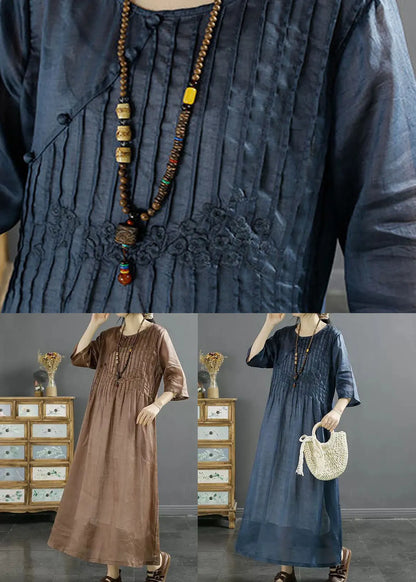 Italian Blue O Neck Embroidered Patchwork Long Linen Dresses Summer