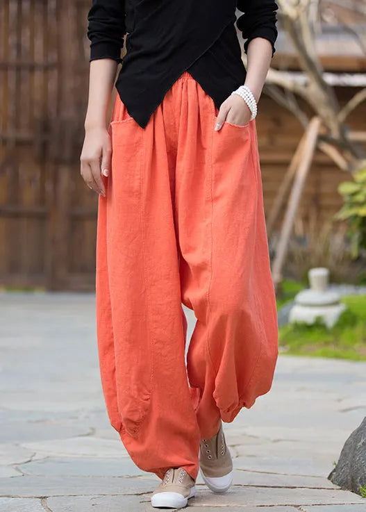 Orange Pockets Linen Pants High Waist