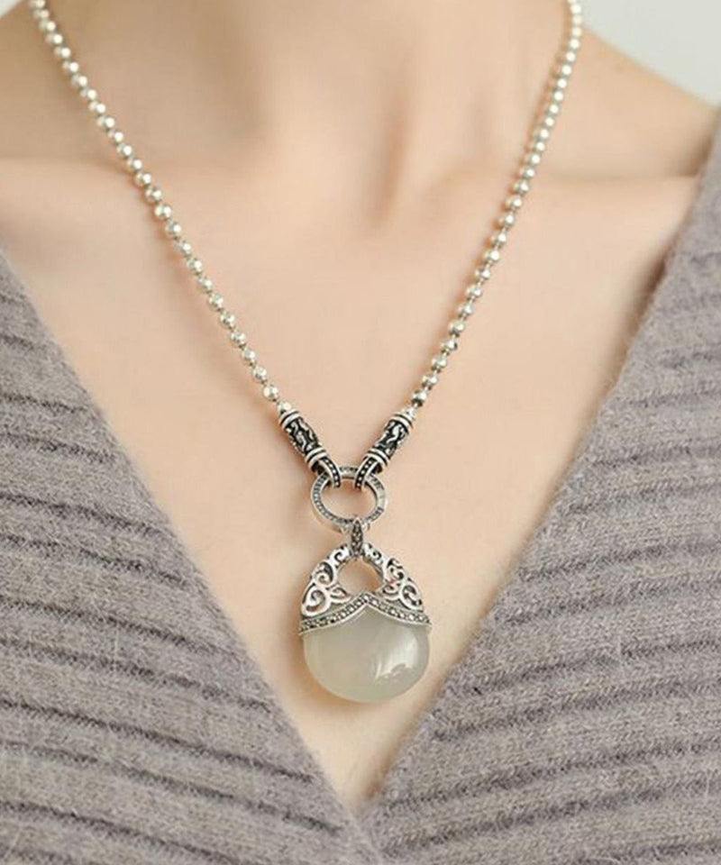 White Sterling Silver Chalcedony Round Bead Pendant Necklace