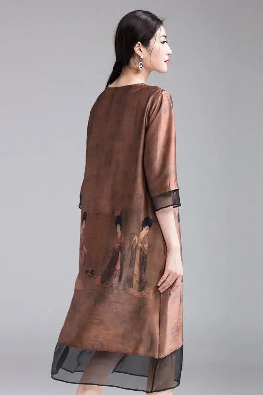Coffee Quilted Loose Dresses