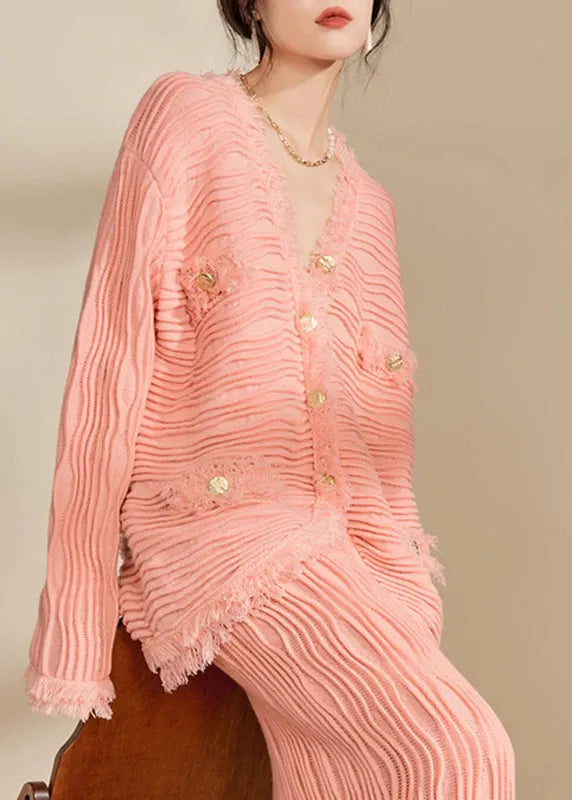 Pink V Neck Button Tassel Knit Cardiga Fall