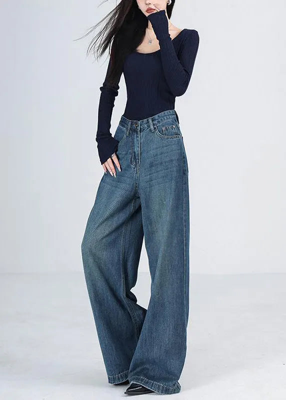 Blue Pockets High Waist Denim Wide Leg Pants Winter
