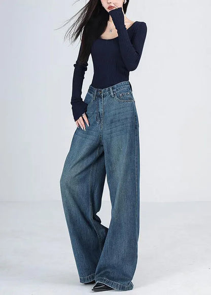 Blue Pockets High Waist Denim Wide Leg Pants Winter