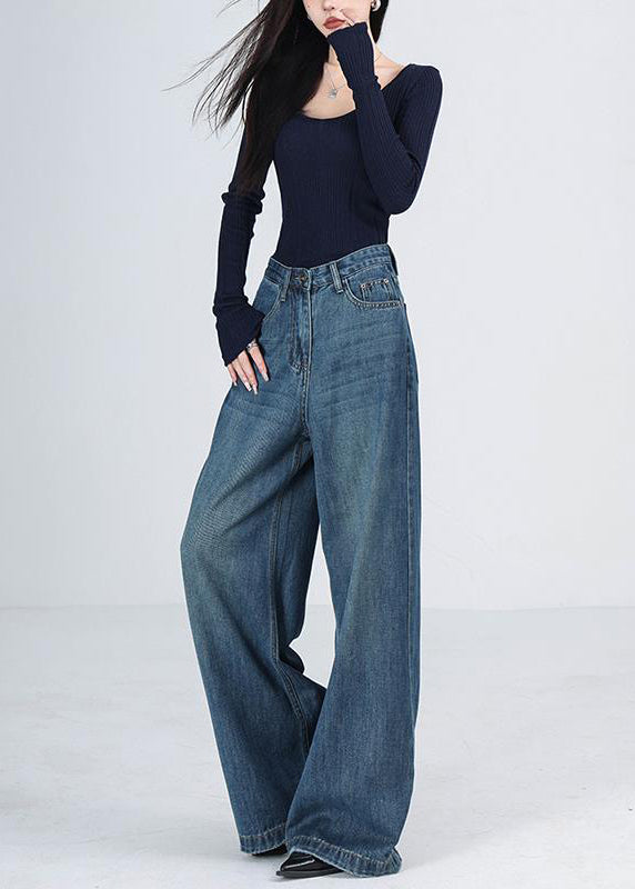 Blue Pockets High Waist Denim Wide Leg Pants Winter