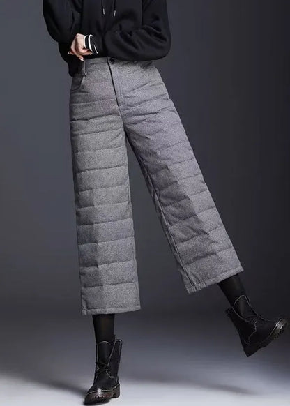 Grey Pockets High Waist Duck Down Crop Pants Winter