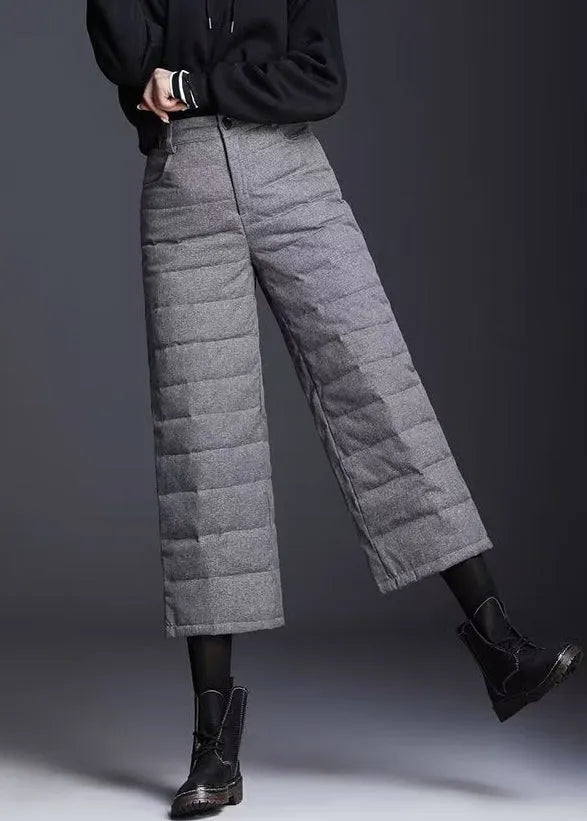 Grey Pockets High Waist Duck Down Crop Pants Winter