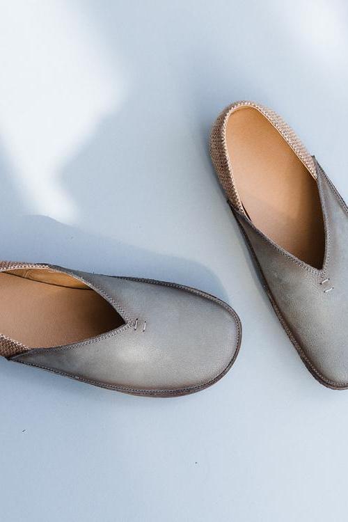 Gray and Beige Leather Flat Shoes