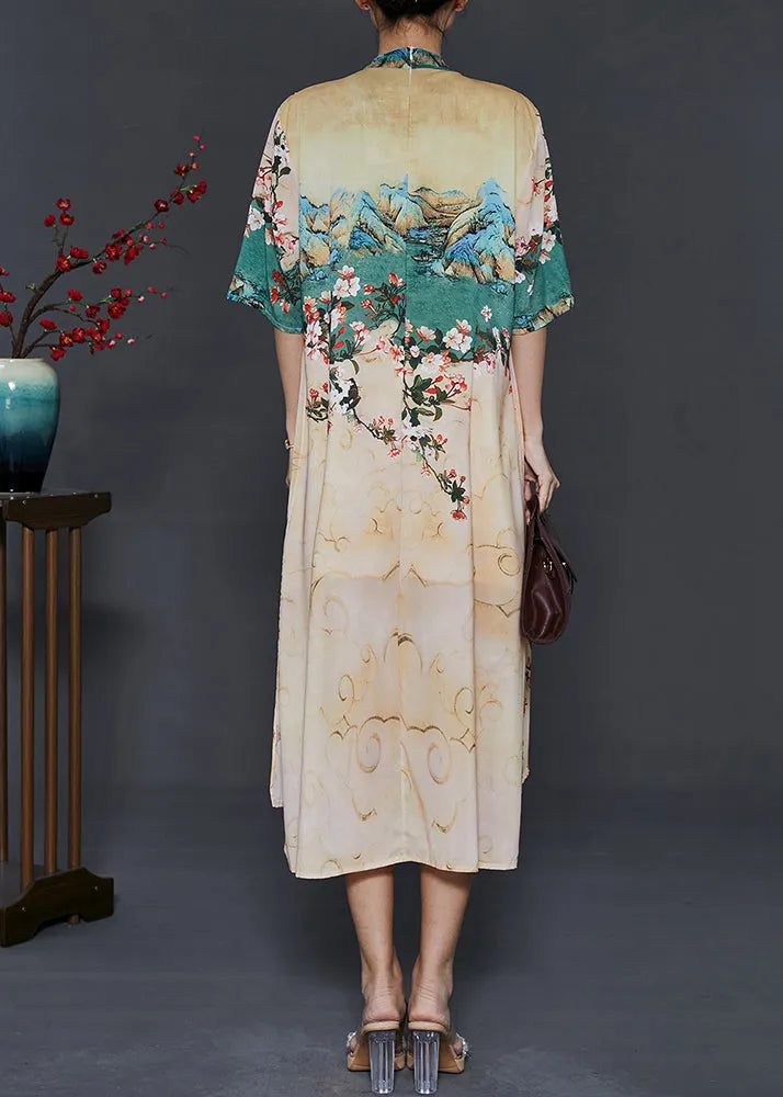 Apricot Print Chiffon Fake Two Piece Dress Summer