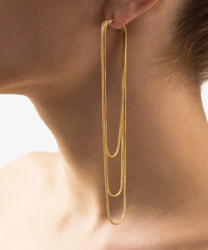 Skinny Gold Stainless Steel Overgild Multi Laye Tassel Hoop Earrings