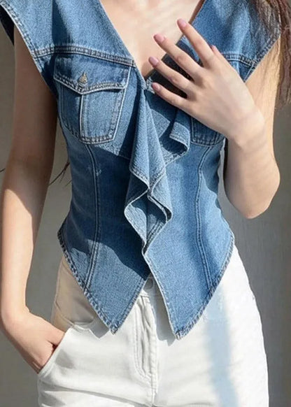 French Denim Blue Ruffled Patchwork Top Short Sleeve
