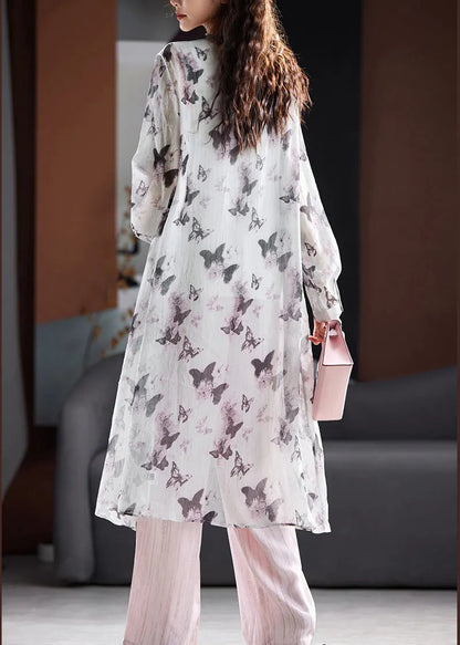 Organic Grey O Neck Print Chiffon Upf 50+ Coat Summer