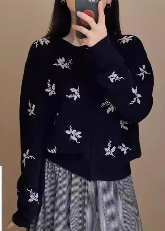 Navy Embroidered Button Knit Coat Fall