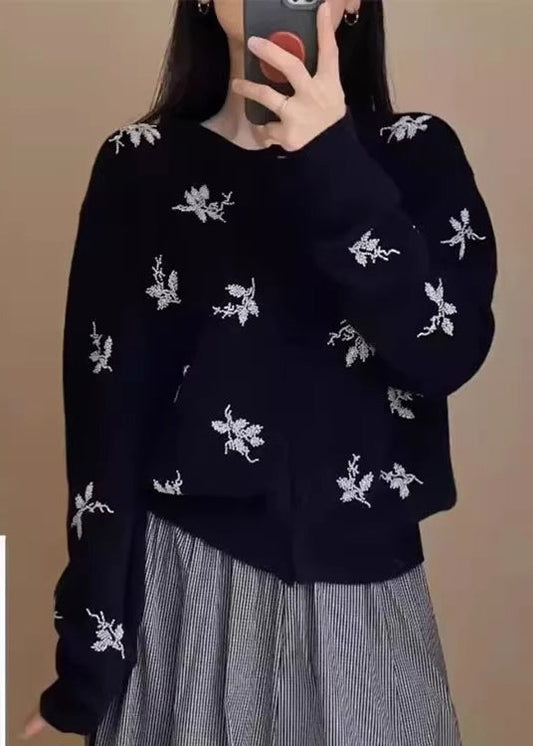 Navy Embroidered Button Knit Coat Fall