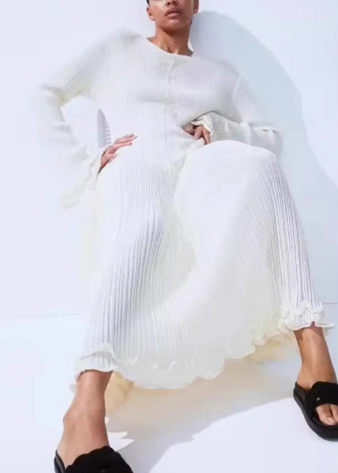 White Ruffled Lace Up Cotton Robe Dresses Flare Sleeve