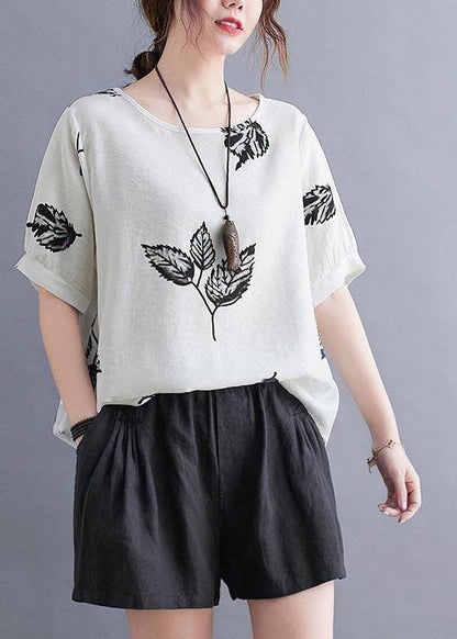 White Print Leaf Shirt Tops Summer Cotton Linen