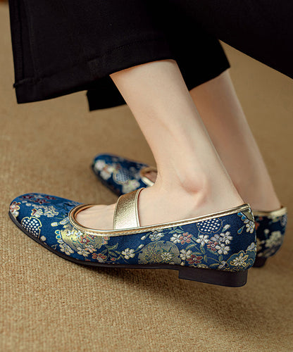 Chinese Style Blue Embroidered Splicing Flat Shoes for