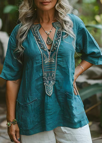 Blue V Neck Print Pockets Cotton Top Summer