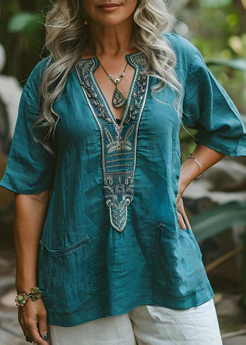 Blue V Neck Print Pockets Cotton Top Summer