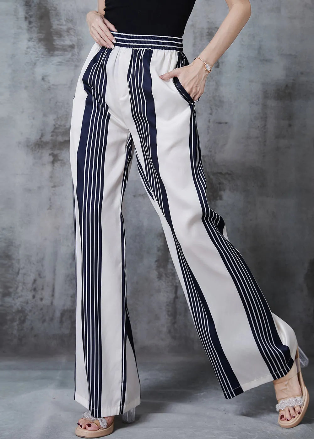 White Striped Chiffon Straight Pants Spring