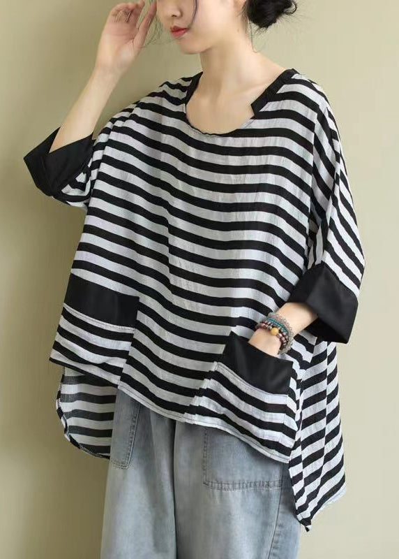 Black O Neck Striped Low High Design Cotton Shirt Top Summer