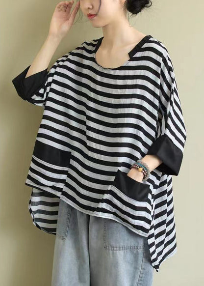 Black O Neck Striped Low High Design Cotton Shirt Top Summer