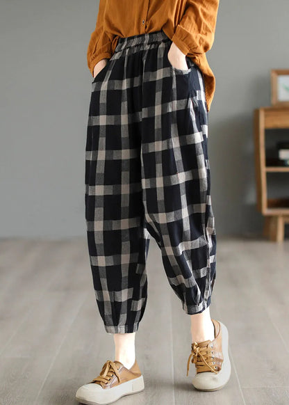 Black Plaid High Waist Linen Crop Pants