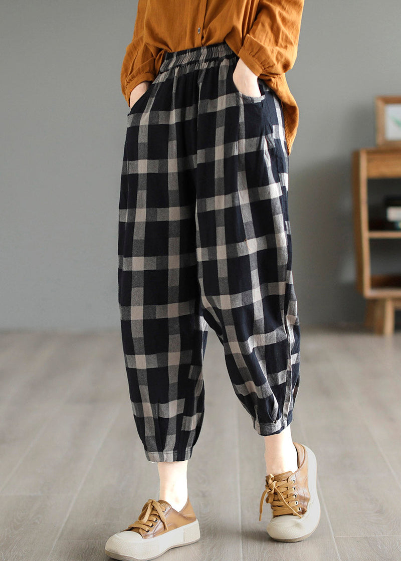 Black Plaid High Waist Linen Crop Pants
