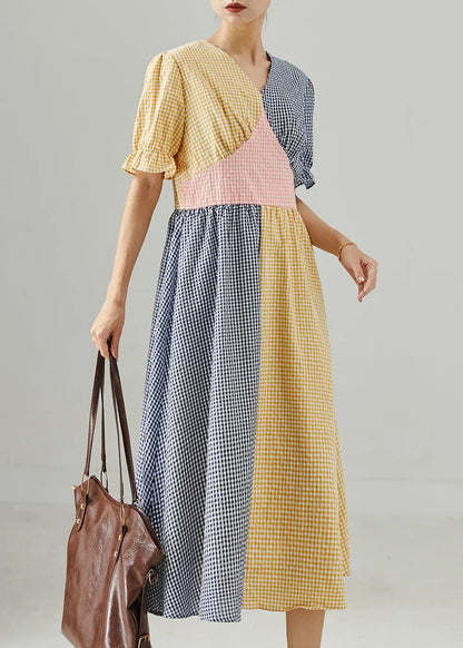 Colorblock Plaid Patchwork Cotton Dresses Summer