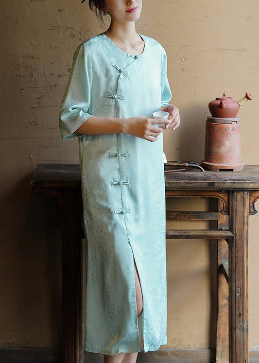 Light Green O Neck Oriental Button Silk Dress Summer