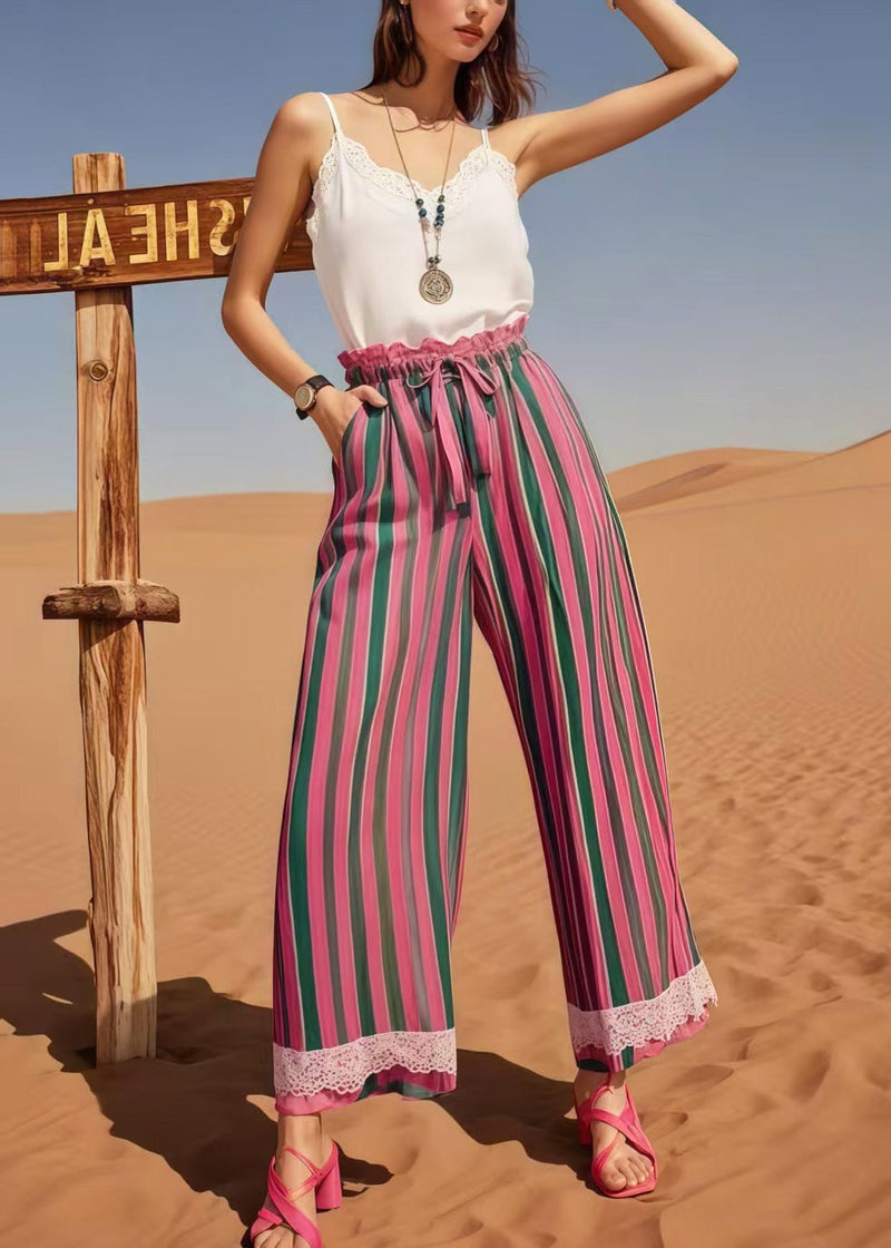 Multicolour Striped Patchwork Lace Straight Pants Summer