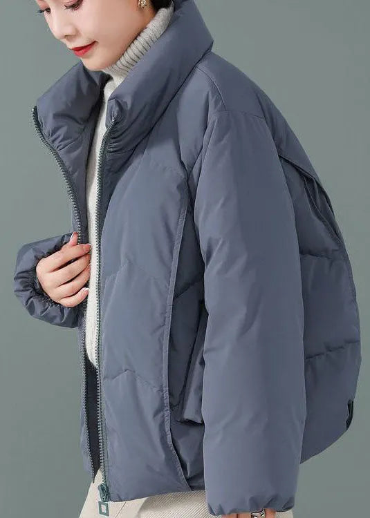 Blue Stand Collar Zip Up Duck Down Jackets Long Sleeve