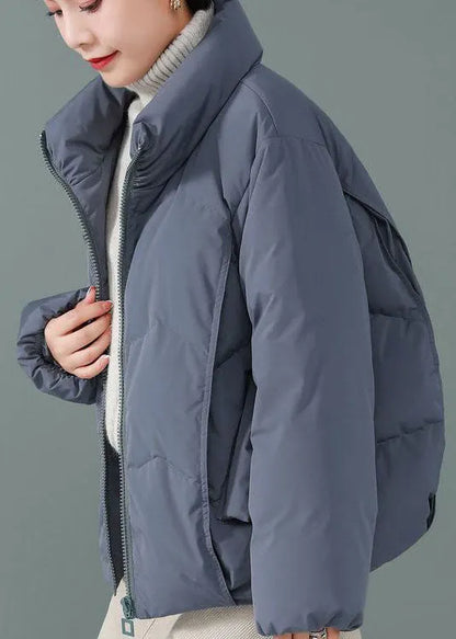 Blue Stand Collar Zip Up Duck Down Jackets Long Sleeve
