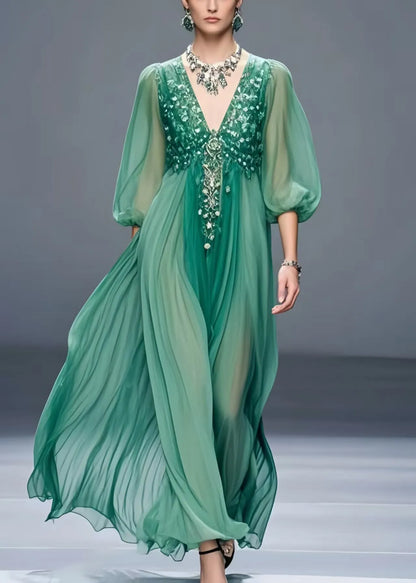 Tea Green V Neck Chiffon Holiday Dress Bracelet Sleeve