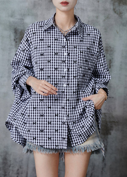 Grey Oversized Plaid Cotton Shirt Top Fall