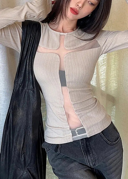 French Cross Hollow Out Slim Fit Tulle Top Fall