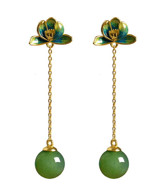 Green Sterling Silver Jade Enamel Lotus Tassel Drop Earrings