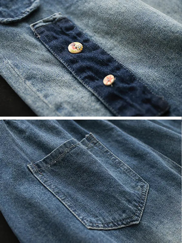 Hollow Elasticity Applique Denim Ninth Pants