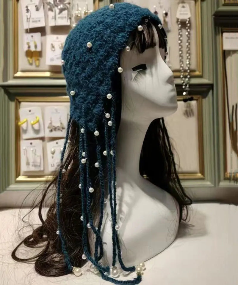Blue Tassel Nail Bead Knit Bonnie Hat