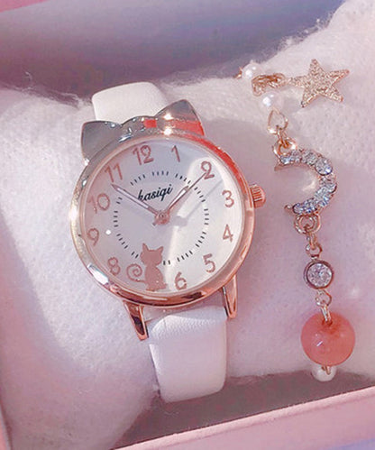 Black Genuine Leather Little Cats Waterproof Watch