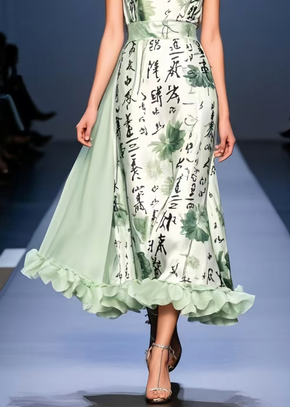 Light Green Print Exra Large Hem Silk Cami Dresses Sleeveless