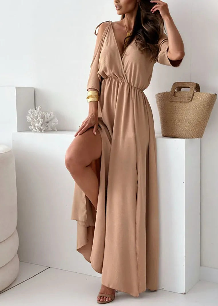 Khaki Cold Shoulder Side Open Chiffon Holiday Dress Summer
