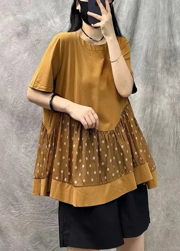 Khaki O Neck Dot Patchwork Cotton T Shirts Top Summer