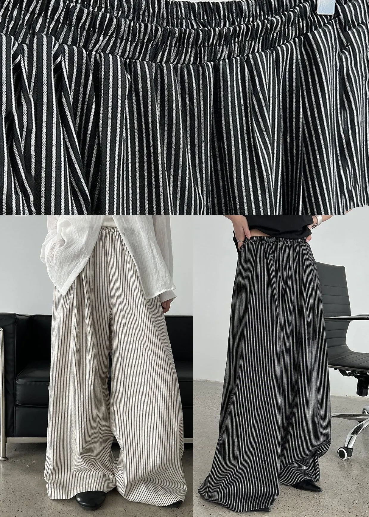 White Striped Cotton Wide Leg Pants Trousers Oversized Spring