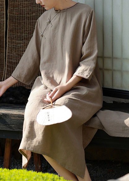 Camel O Neck Chinese Button Linen Long Dress Spring